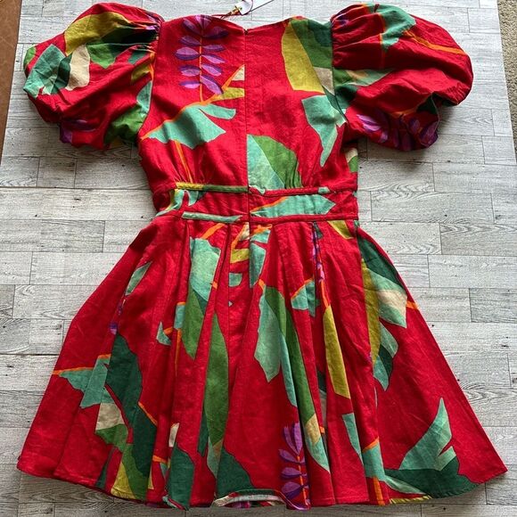 NWT Anthropologie House of Harlow 1960 Linen Red Floral Puff Sleeves Dress Sz 2 - Picture 10 of 12